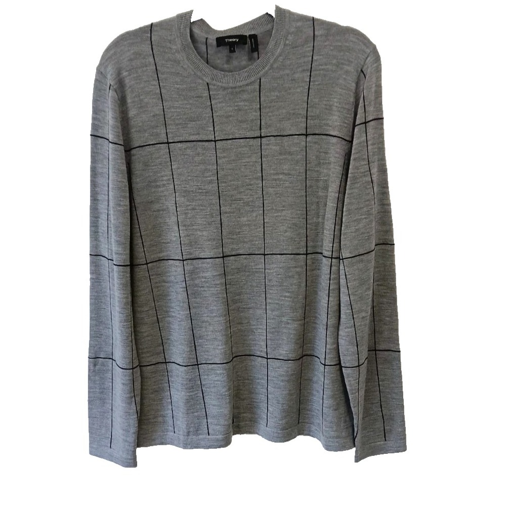 Theory Sweater Men's L | Gray Merino Wool Long Sleeve Striped Plaid Knit